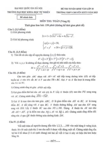 Đề thi tuyển sinh vào Lớp 10 THPT môn Toán (Vòng 2) - Năm học 2023-2024 - Trường Đại học Khoa học Tự nhiên (Có lời giải)