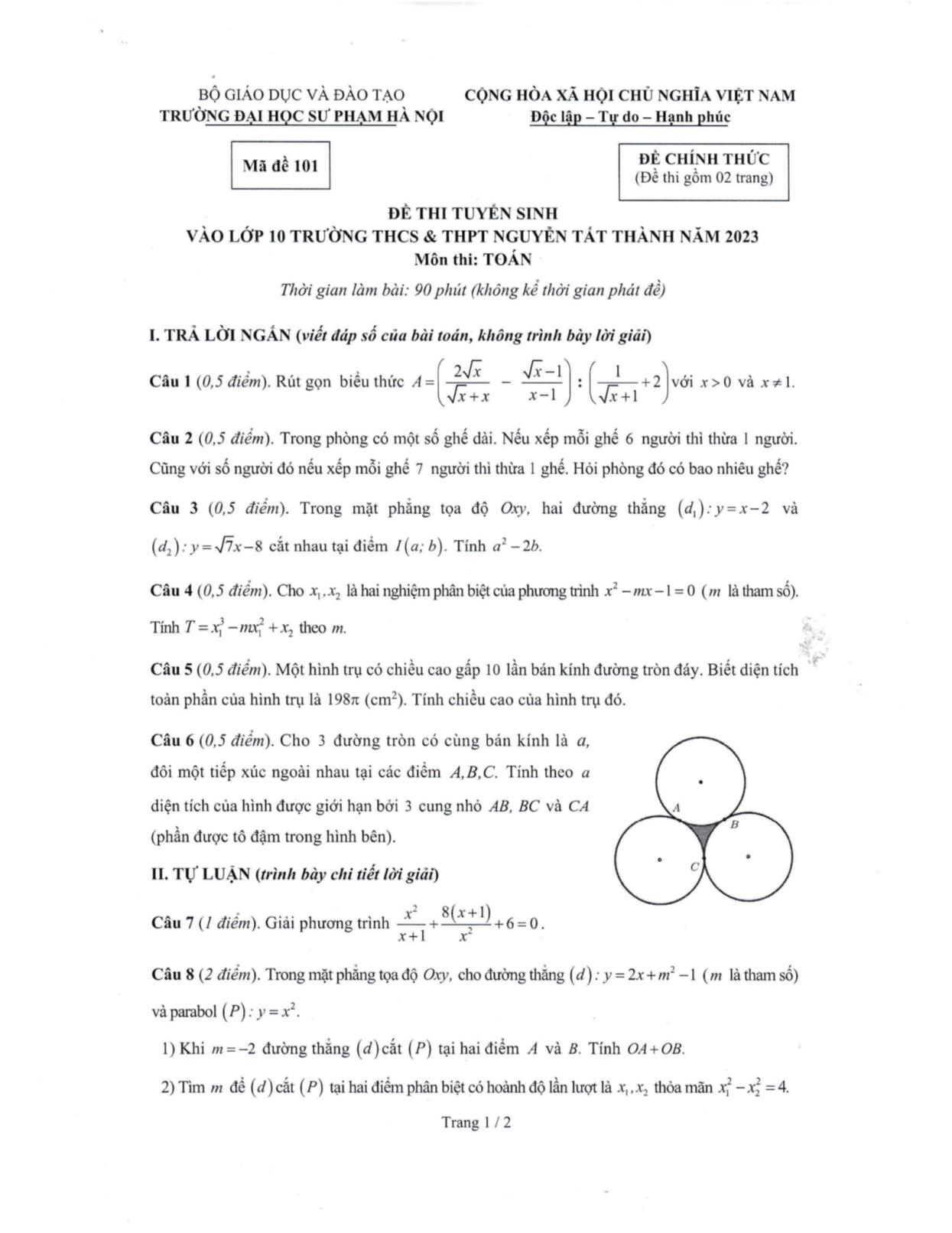 Đề thi tuyển sinh vào Lớp 10 THPT Nguyễn Tất Thành môn Toán - Mã đề 101 - Năm học 2023-2024 - Trường Đại học Sư phạm Hà Nội (Có đáp án và thang điểm)