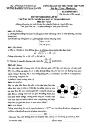 Đề thi tuyển sinh vào Lớp 10 trường THPT chuyên Đại học Sư phạm môn Toán - Năm học 2023-2024 - Trường Đại học Sư Phạm (Có đáp án)