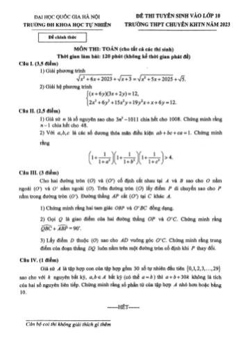 Đề thi tuyển sinh vào Lớp 10 trường THPT chuyên môn Toán - Năm học 2023-2024 - Trường Đại học Khoa học tự nhiên (Có lời giải)