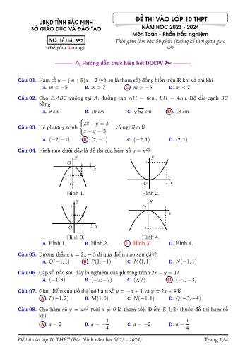 Đề thi vào Lớp 10 THPT môn Toán - Mã đề 357 - Năm học 2023-2024 - Sở GD&ĐT Bắc Ninh (Có đáp án)