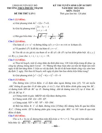 Kỳ thi thử tuyển sinh vào Lớp 10 THPT môn Toán (Lần 1) - Năm học 2023-2024 - Trường THCS Phước Thạnh (Có hướng dẫn giải)