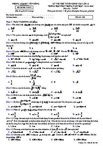Kỳ thi thử tuyển sinh vào Lớp 10 THPT môn Toán - Mã đề 481 - Năm học 2023-2024 - Phòng GD&ĐT Yên Dũng (Có đáp án)