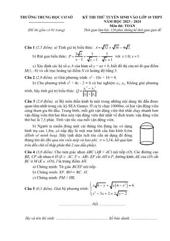 Kỳ thi thử tuyển sinh vào Lớp 10 THPT môn Toán - Năm học 2023-2024 - Trường THCS Phúc Thọ (Có hướng dẫn chấm)