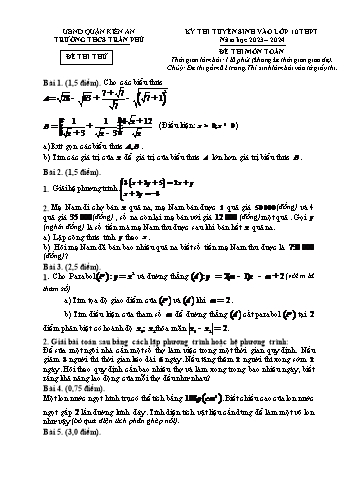 Kỳ thi thử tuyển sinh vào Lớp 10 THPT môn Toán - Năm học 2023-2024 - Trường THCS Trần Phú (Có hướng dẫn chấm)