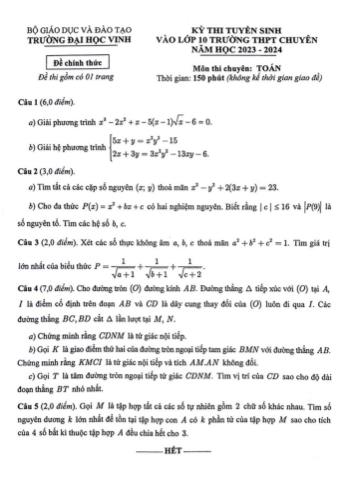 Kỳ thi tuyển sinh Lớp 10 THPT chuyên môn Toán - Năm học 2023-2024 - Trường Đại học Vinh (Có đáp án)