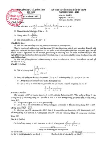 Kỳ thi tuyển sinh Lớp 10 THPT môn Toán - Năm học 2023-2024 - Sở GD&ĐT Hà Nội (Có đáp án)