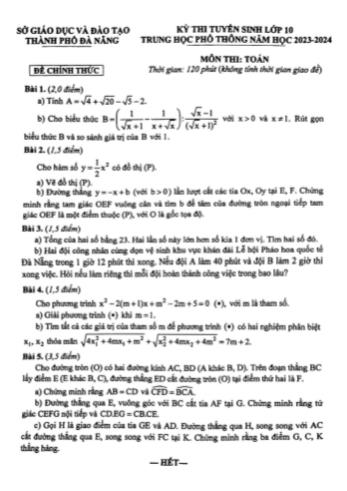 Kỳ thi tuyển sinh Lớp 10 THPT môn Toán - Năm học 2023-2024 - Sở GD&ĐT Đà Nẵng