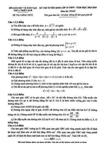 Kỳ thi tuyển sinh Lớp 10 THPT môn Toán - Năm học 2023-2024 - Sở GD&ĐT Thừa Thiên Huế