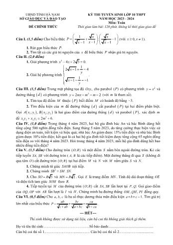 Kỳ thi tuyển sinh Lớp 10 THPT môn Toán - Năm học 2023-2024 - Sở GD&ĐT Hà Nam (Có hướng dẫn chấm)