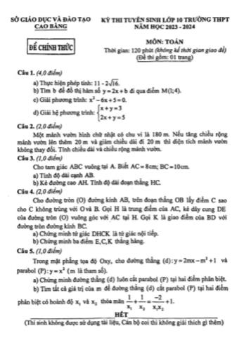 Kỳ thi tuyển sinh Lớp 10 THPT môn Toán - Năm học 2023-2024 - Sở GD&ĐT Cao Bằng