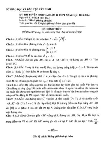Kỳ thi tuyển sinh Lớp 10 THPT môn Toán - Năm học 2023-2024 - Sở GD&ĐT Tây Ninh (Có hướng dẫn giải chi tiết)