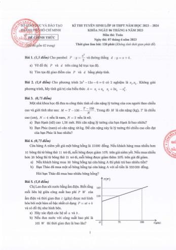 Kỳ thi tuyển sinh Lớp 10 THPT môn Toán - Năm học 2023-2024 - Sở GD&ĐT Hồ Chí Minh (Có hướng dẫn chấm)