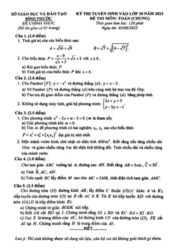 Kỳ thi tuyển sinh vào Lớp 10 môn Toán (Chung) - Năm học 2023-2024 - Sở GD&ĐT Bình Phước