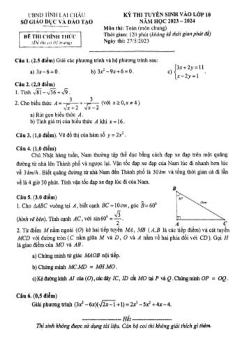Kỳ thi tuyển sinh vào Lớp 10 môn Toán (Chung) - Năm học 2023-2024 - Sở GD&ĐT Lai Châu
