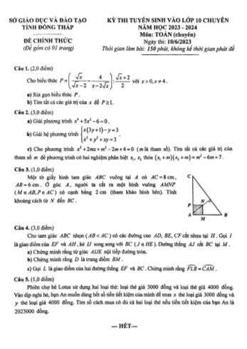 Kỳ thi tuyển sinh vào Lớp 10 môn Toán (Chuyên) - Năm học 2023-2024 - Sở GD&ĐT Đồng Tháp
