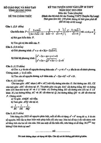 Kỳ thi tuyển sinh vào Lớp 10 môn Toán (Chuyên) - Năm học 2023-2024 - Sở GD&ĐT Quảng Ninh