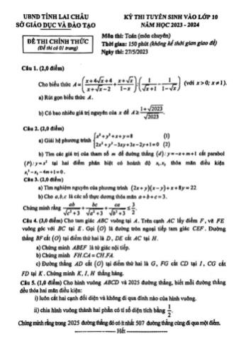 Kỳ thi tuyển sinh vào Lớp 10 môn Toán (Chuyên) - Năm học 2023-2024 - Sở GD&ĐT Lai Châu (Có đáp án)