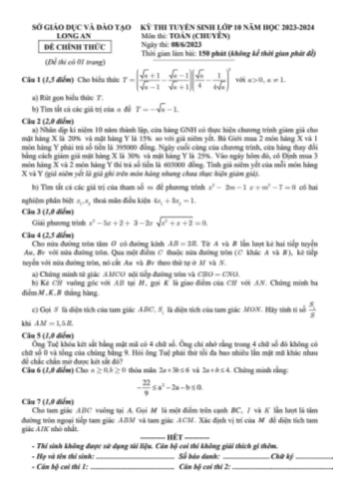 Kỳ thi tuyển sinh vào Lớp 10 môn Toán (Chuyên) - Năm học 2023-2024 - Sở GD&ĐT Long An