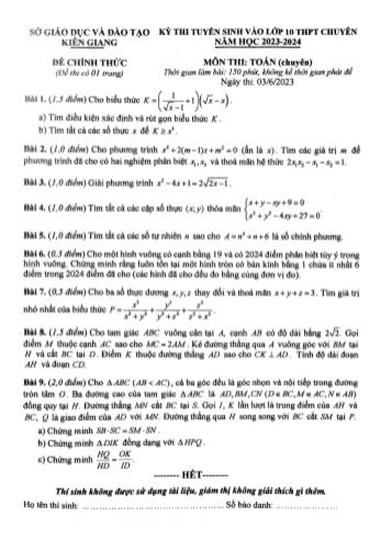 Kỳ thi tuyển sinh vào Lớp 10 môn Toán (Chuyên) - Năm học 2023-2024 - Sở GD&ĐT Kiên Giang