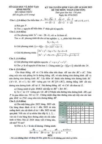 Kỳ thi tuyển sinh vào Lớp 10 môn Toán (Chuyên) - Năm học 2023-2024 - Sở GD&ĐT Bình Phước