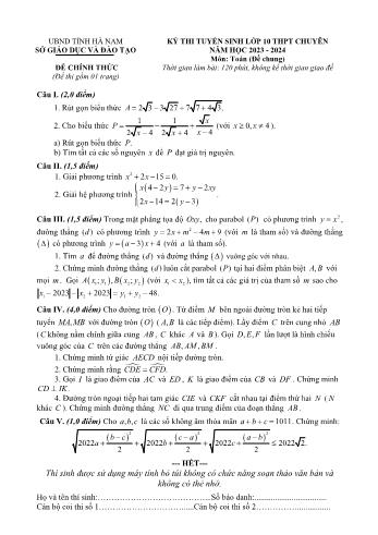 Kỳ thi tuyển sinh vào Lớp 10 THPT chuyên môn Toán (Chung) - Năm học 2023-2024 - Sở GD&ĐT Hà Nam (Có hướng dẫn chấm)