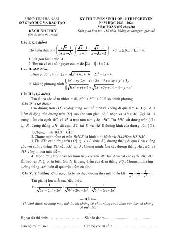Kỳ thi tuyển sinh vào Lớp 10 THPT chuyên môn Toán (Chuyên) - Năm học 2023-2024 - Sở GD&ĐT Hà Nam (Có hướng dẫn chấm)