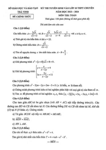 Kỳ thi tuyển sinh vào Lớp 10 THPT chuyên môn Toán - Năm học 2023-2024 - Sở GD&ĐT Trà Vinh