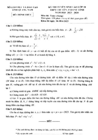 Kỳ thi tuyển sinh vào Lớp 10 THPT chuyên PTDTNT môn Toán (Chung) - Năm học 2023-2024 - Sở GD&ĐT Quảng Nam