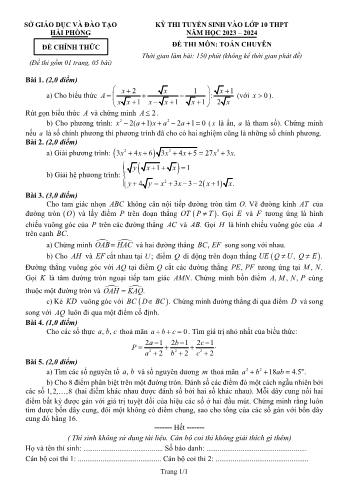 Kỳ thi tuyển sinh vào Lớp 10 THPT môn Toán (Chuyên) - Năm học 2023-2024 - Sở GD&ĐT Hải Phòng (Có đáp án)
