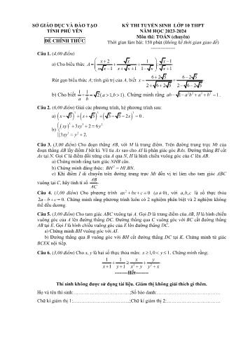 Kỳ thi tuyển sinh vào Lớp 10 THPT môn Toán (Chuyên) - Năm học 2023-2024 - Sở GD&ĐT Phú Yên (Có hướng dẫn chấm)