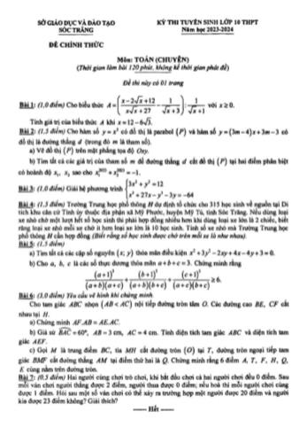 Kỳ thi tuyển sinh vào Lớp 10 THPT môn Toán (Chuyên) - Năm học 2023-2024 - Sở GD&ĐT Sóc Trăng