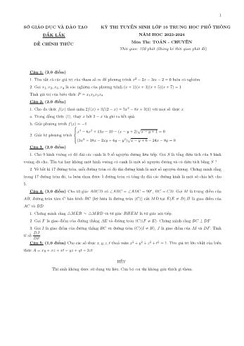 Kỳ thi tuyển sinh vào Lớp 10 THPT môn Toán (Chuyên) - Năm học 2023-2024 - Sở GD&ĐT Đắk Lắk (Có lời giải)