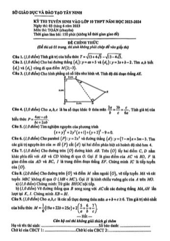Kỳ thi tuyển sinh vào Lớp 10 THPT môn Toán (Chuyên) - Năm học 2023-2024 - Sở GD&ĐT Tây Ninh (Có hướng dẫn giải)