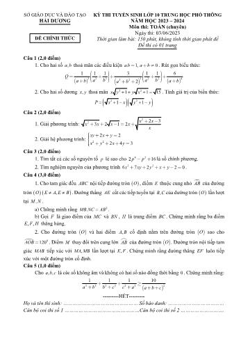 Kỳ thi tuyển sinh vào Lớp 10 THPT môn Toán (Chuyên) - Năm học 2023-2024 - Sở GD&ĐT Hải Dương (Có hướng dẫn chấm)