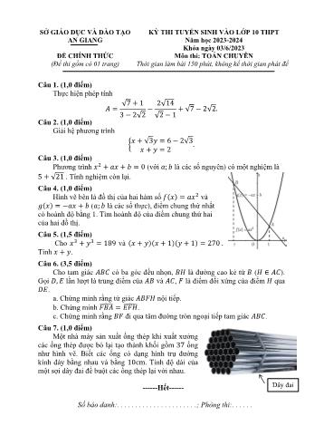 Kỳ thi tuyển sinh vào Lớp 10 THPT môn Toán (Chuyên) - Năm học 2023-2024 - Sở GD&ĐT An Giang (Có đáp án)