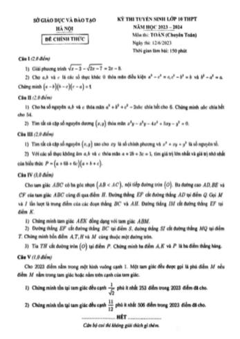 Kỳ thi tuyển sinh vào Lớp 10 THPT môn Toán (Chuyên Toán) - Năm học 2023-2024 - Sở GD&ĐT Hà Nội (Có lời giải)