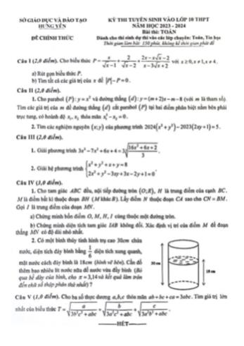 Kỳ thi tuyển sinh vào Lớp 10 THPT môn Toán (Chuyên Toán+Tin) - Năm học 2023-2024 - Sở GD&ĐT Hưng Yên