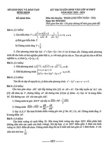 Kỳ thi tuyển sinh vào Lớp 10 THPT môn Toán (Chuyên Toán+Tin) - Năm học 2023-2024 - Sở GD&ĐT Bình Định