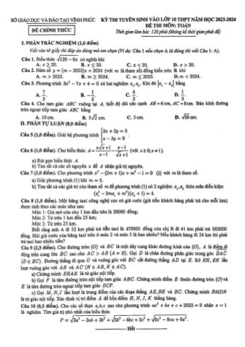 Kỳ thi tuyển sinh vào Lớp 10 THPT môn Toán - Năm học 2023-2024 - Trường THCS Lập Thạch (Có đáp án)