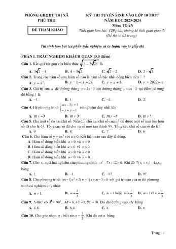 Kỳ thi tuyển sinh vào Lớp 10 THPT môn Toán - Năm học 2023-2024 - Phòng GD&ĐT Thị xã Phú Thọ (Có đáp án và thang điểm)