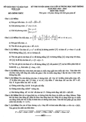Kỳ thi tuyển sinh vào Lớp 10 THPT môn Toán - Năm học 2023-2024 - Sở GD&ĐT Đắk Lắk (Có lời giải)
