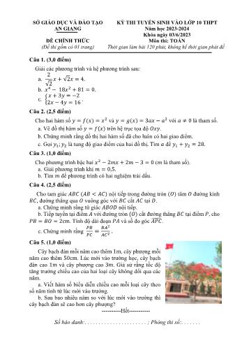Kỳ thi tuyển sinh vào Lớp 10 THPT môn Toán - Năm học 2023-2024 - Sở GD&ĐT An Giang (Có đáp án)