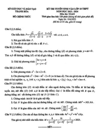 Kỳ thi tuyển sinh vào Lớp 10 THPT môn Toán - Năm học 2023-2024 - Sở GD&ĐT Thanh Hóa