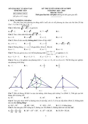 Kỳ thi tuyển sinh vào Lớp 10 THPT môn Toán - Năm học 2023-2024 - Sở GD&ĐT Phú Yên (Có hướng dẫn chấm)