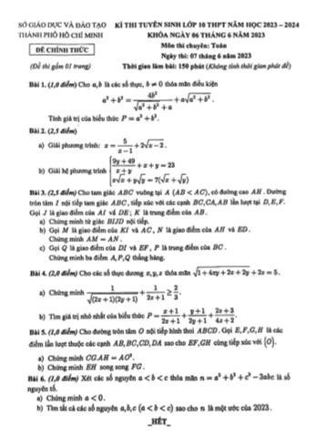 Kỳ thi tuyển sinh vào Lớp 10 THPT môn Toán - Năm học 2023-2024 - Sở GD&ĐT Hồ Chí Minh (Có lời giải)