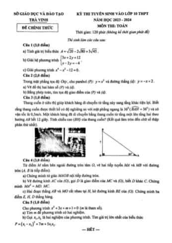 Kỳ thi tuyển sinh vào Lớp 10 THPT môn Toán - Năm học 2023-2024 - Sở GD&ĐT Trà Vinh