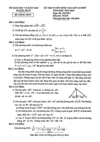 Kỳ thi tuyển sinh vào Lớp 10 THPT môn Toán - Năm học 2023-2024 - Sở GD&ĐT Quảng Ngãi
