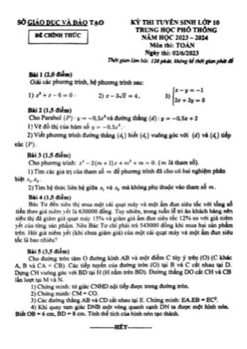 Kỳ thi tuyển sinh vào Lớp 10 THPT môn Toán - Năm học 2023-2024 - Sở GD&ĐT Bình Dương (Có đáp án)