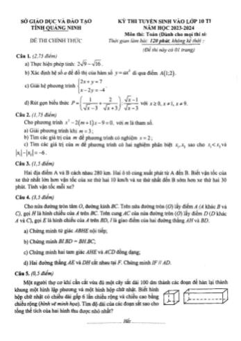 Kỳ thi tuyển sinh vào Lớp 10 THPT môn Toán - Năm học 2023-2024 - Sở GD&ĐT Quảng Ninh (Có lời giải chi tiết)
